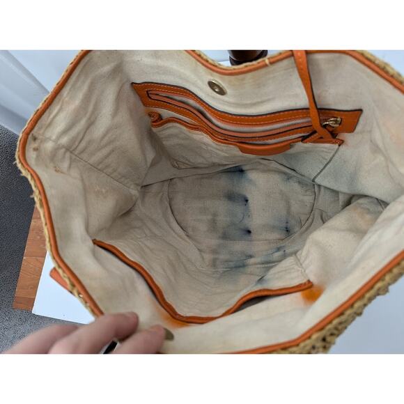 Michael Kors Santorini Large Straw Basket Tote Beach Bag Orange Leather Trim - Picture 8 of 10